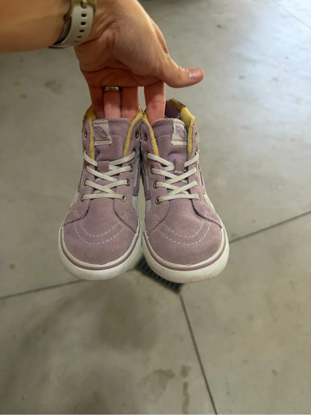Vans Kids High-Top Suede Sneakers in Lavender and Cream with Yellow Accent